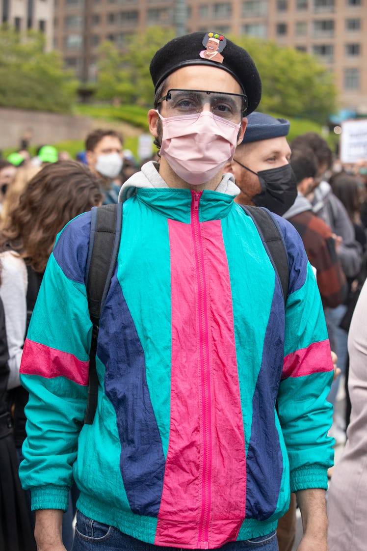 A person wearing a mask at a pro-choice protest at Foley Square in Manhattan
