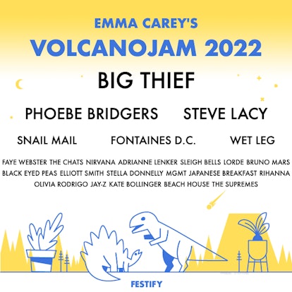 A mockup of a music festival poster titled, "Volcanojam 2022" with the author's top Spotify artists ...