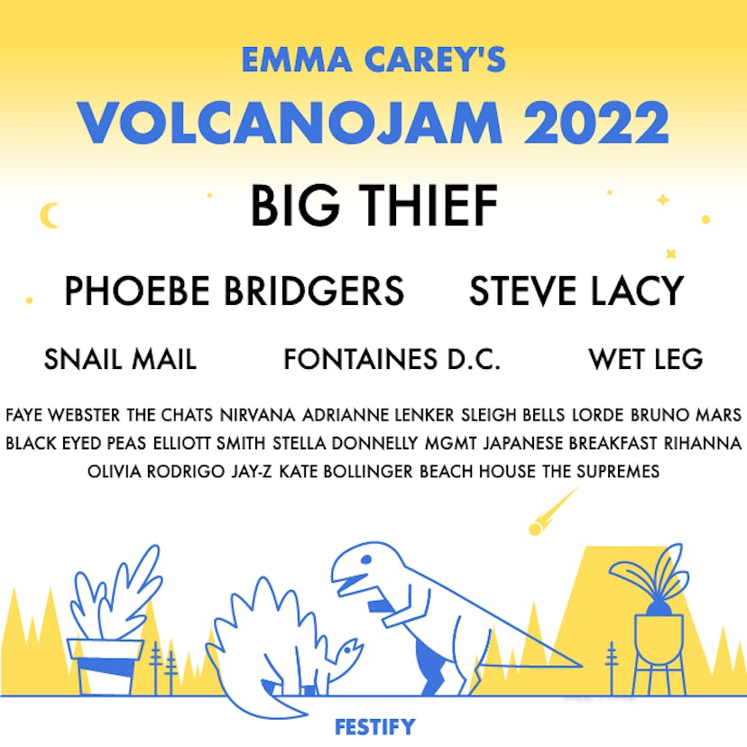 A mockup of a music festival poster titled, "Volcanojam 2022" with the author's top Spotify artists ...