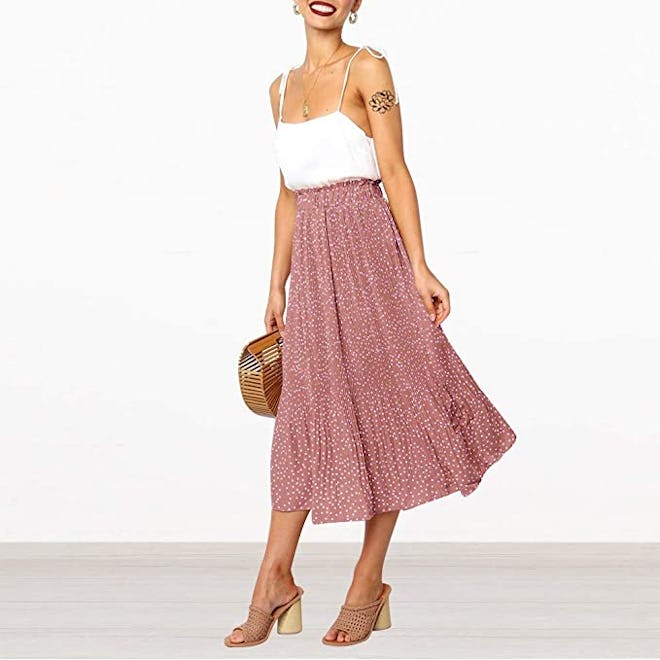 EXLURA High-Waisted Polka Dot Pleated Skirt 