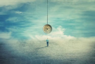 an illustration of a person standing in a barren landscape underneath a clock