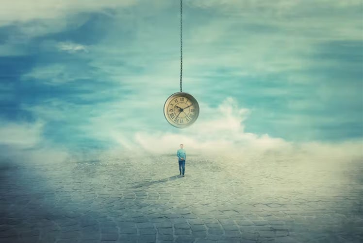 an illustration of a person standing in a barren landscape underneath a clock