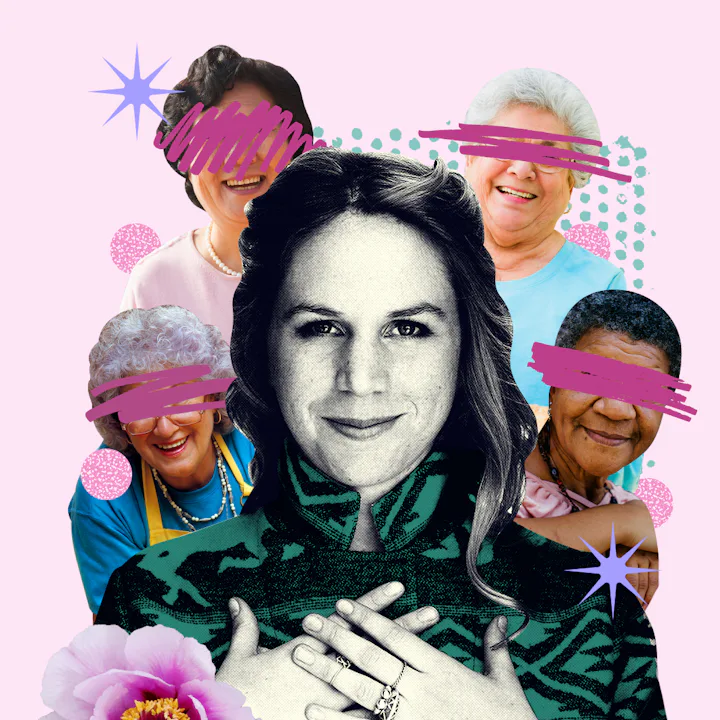 A woman who is a mother and her mother and mother-in-law behind her with crossed out eyes because mo...