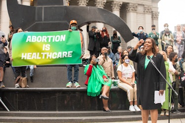 Letitia James speaking at a pro-choice protest outside Foley Square in Manhattan