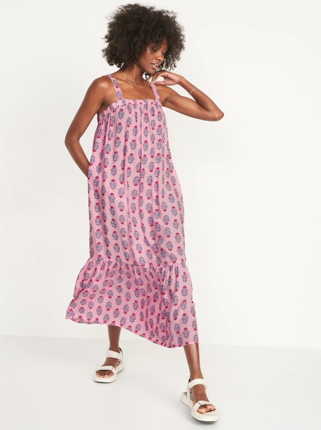 Sleeveless Tie-Back Cutout Maxi Swing Dress in Pink Print
