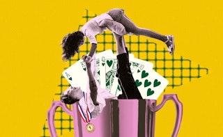 An illustration of a mother and daughter playing in a trophy and a mother having a gold medal around...