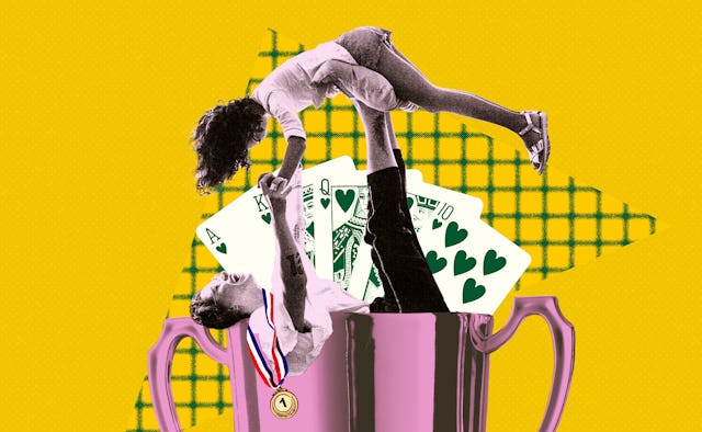 An illustration of a mother and daughter playing in a trophy and a mother having a gold medal around...