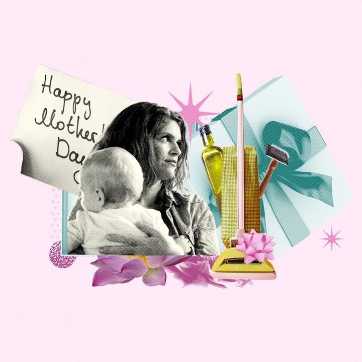 A comic book-style collage of a mother holding her baby, different household items, and gifts