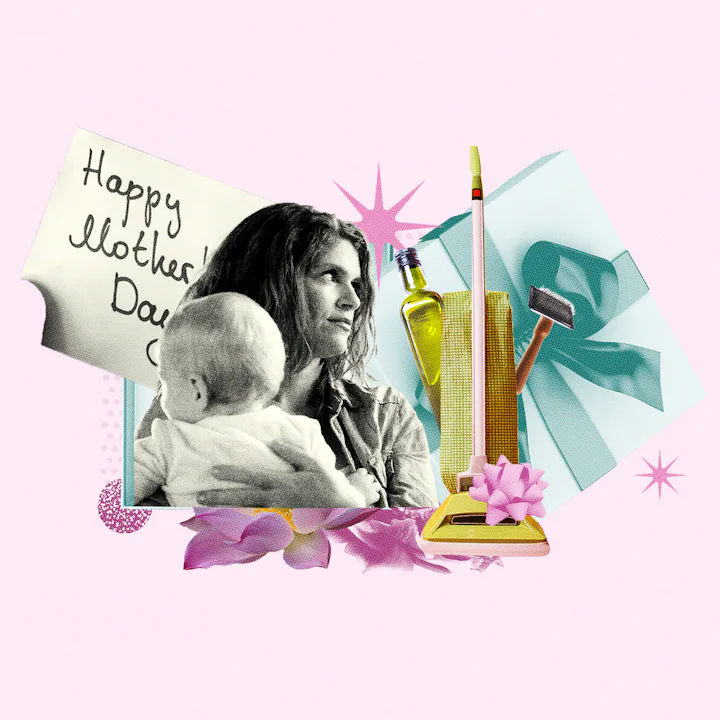 A comic book-style collage of a mother holding her baby, different household items, and gifts