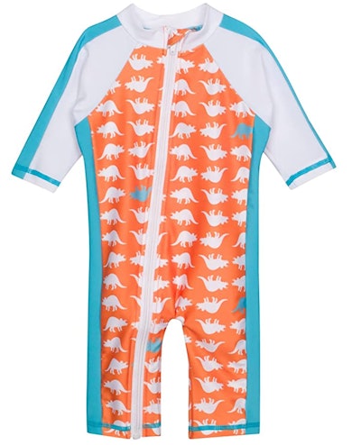 The SwimZip UPF 50+ Long Sleeve Sunsuit is an easy-to-wear kids bathing suit that was invented by a ...