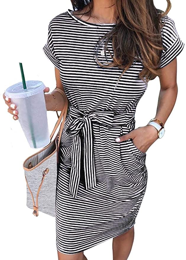 MEROKEETY Tie Waist T Shirt Dress