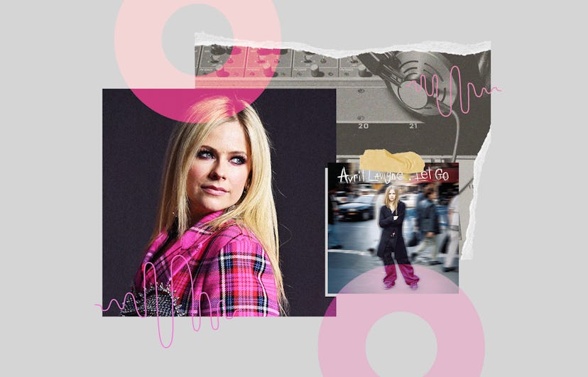 Avril Lavigne in her pop-funk pink and black style clothes and the cover art for "Let go" in a colla...