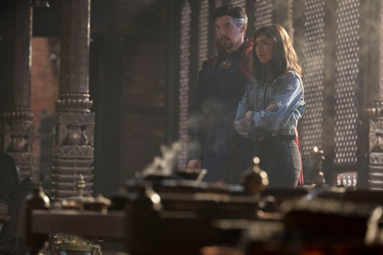 Benedict Cumberbatch as Stephen Strange and Xochitl Gomez as America Chavez in Doctor Strange in the...