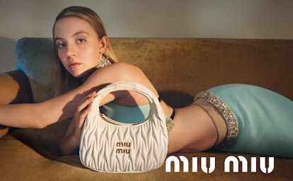 Sydney Sweeney for Miu Miu Wander handbag campaign.