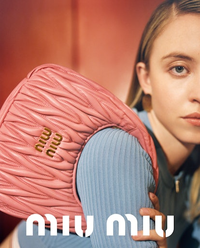 Sydney Sweeney for Miu Miu Wander handbag campaign.