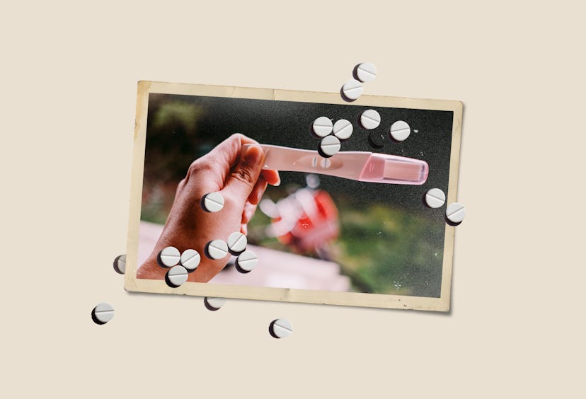 A collage with a photo of a hand holding a pink pregnancy test and bipolar meds spilled on it