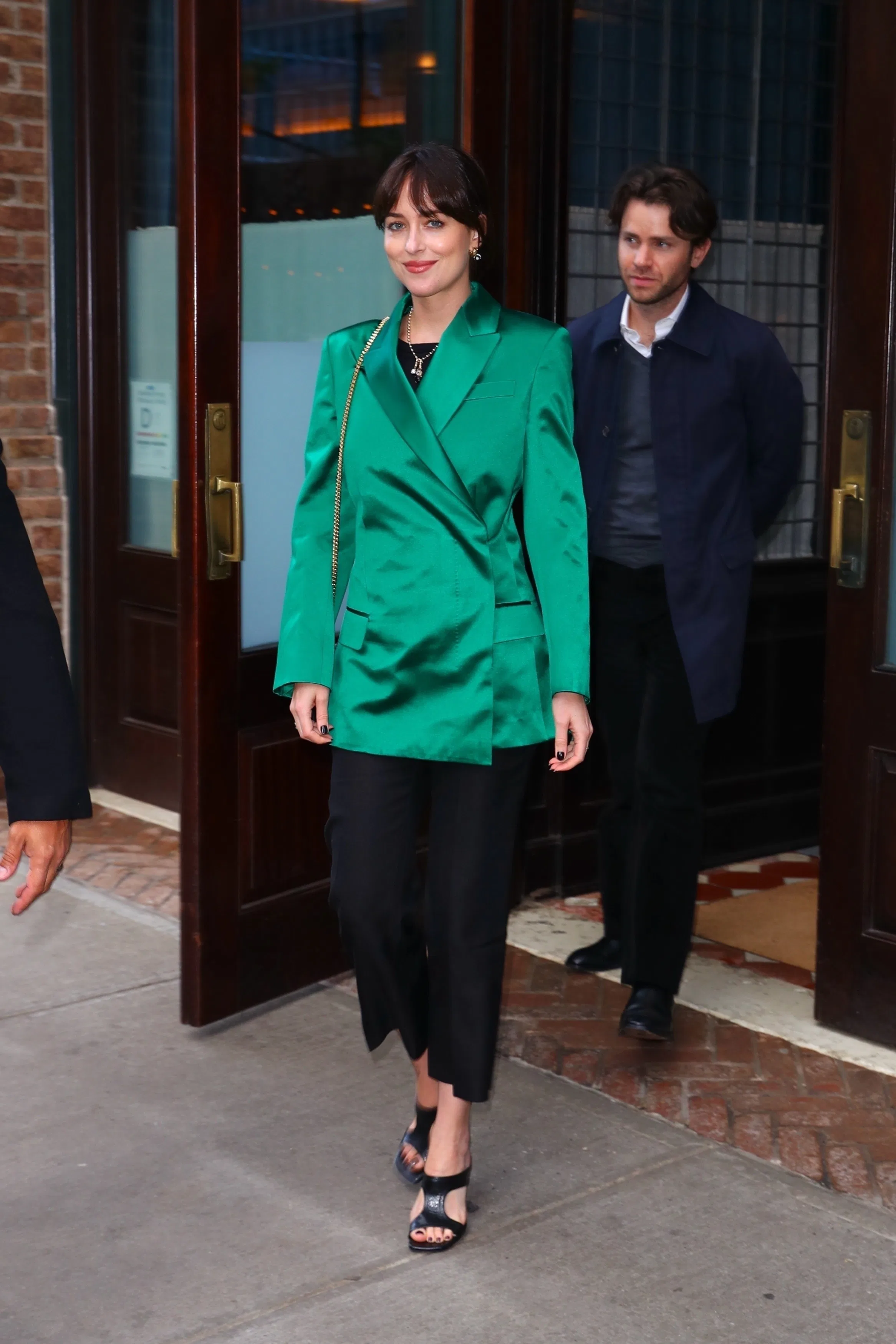 Dakota Johnson’s Green Silk Blazer Look Is A Sly Kind Of Sexy