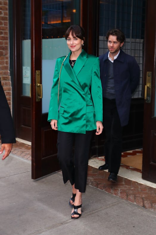 Dakota Johnson’s Green Silk Blazer Look Is A Sly Kind Of Sexy