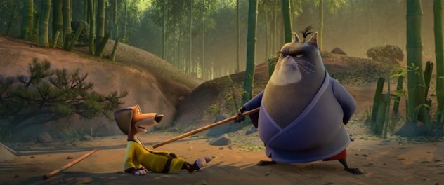Hank and his sensei stand in a bamboo grove in 'Paws of Fury: The Legend of Hank' in theaters July 2...