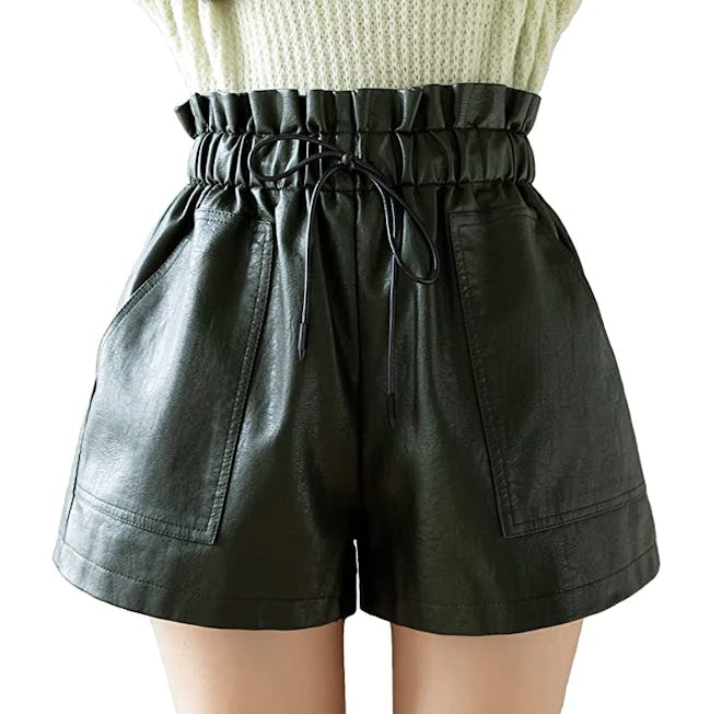 SCHHJZPJ High Waisted Faux Leather Shorts