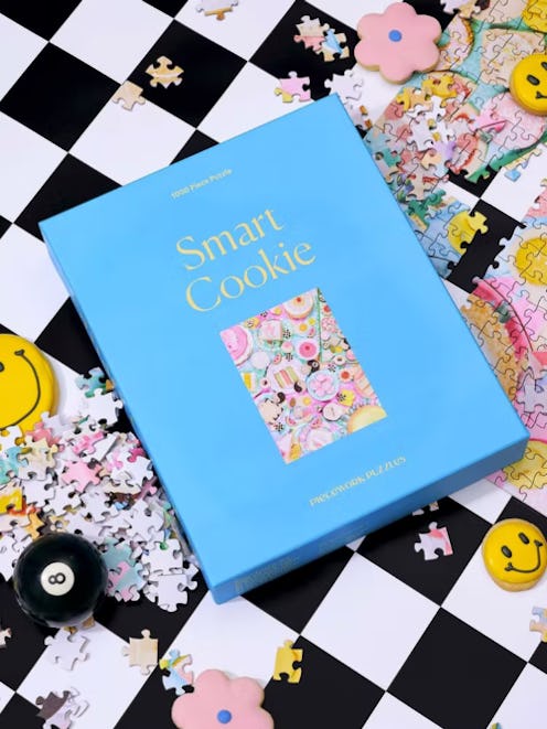 Blue box of a smart cookie 1000 piece puzzle as an essential for a self-care kit that helps with anx...