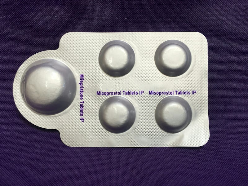 A combination pack of mifepristone (L) and misoprostol tablets, two medicines used together, also ca...