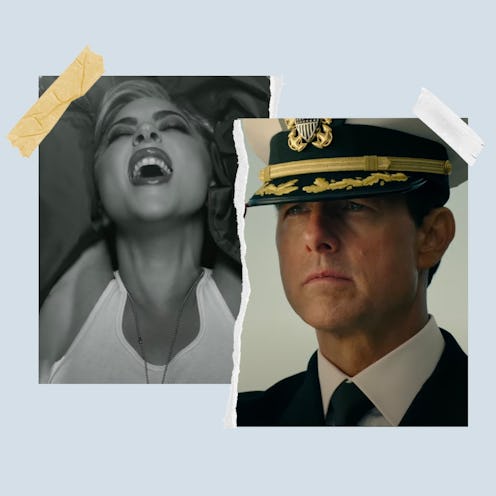 A collage with Lady Gaga and Tom Cruise in a captain cap