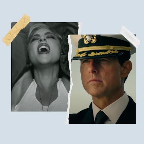 A collage with Lady Gaga and Tom Cruise in a captain cap