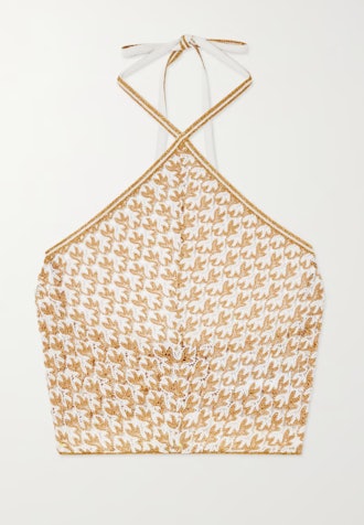 Mare Metallic Crochet-Knit Halterneck Top