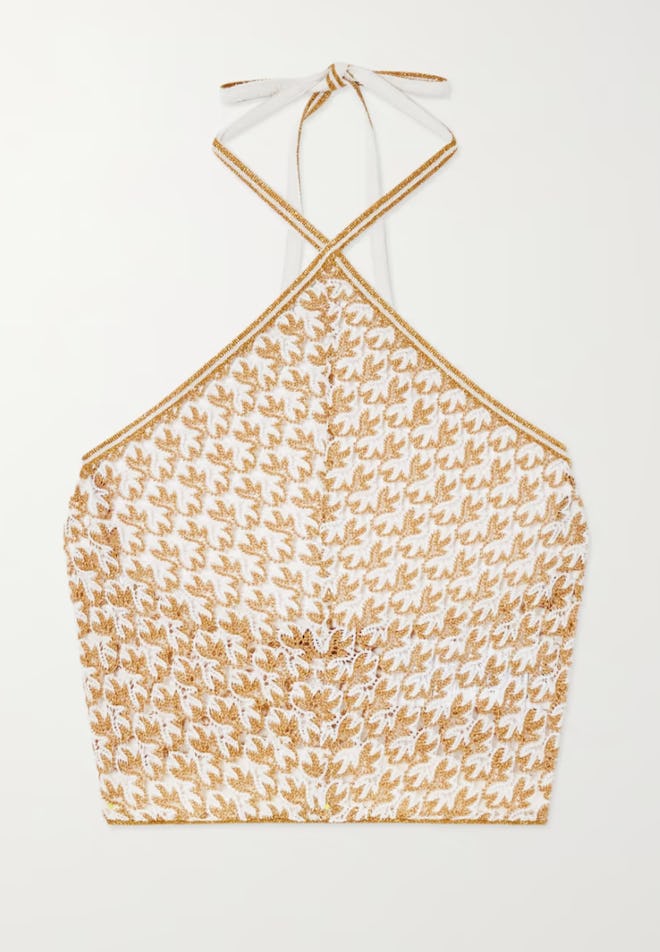 Mare Metallic Crochet-Knit Halterneck Top