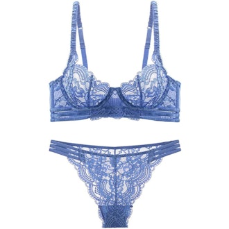 Guoeappa Floral Lace Underwire Sheer Bra and Panty Set