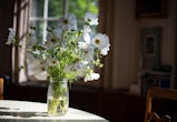 A bunch of beautiful bunch of cosmos flowers of the variety 'cupcake' in a mason jar for a vase, bri...