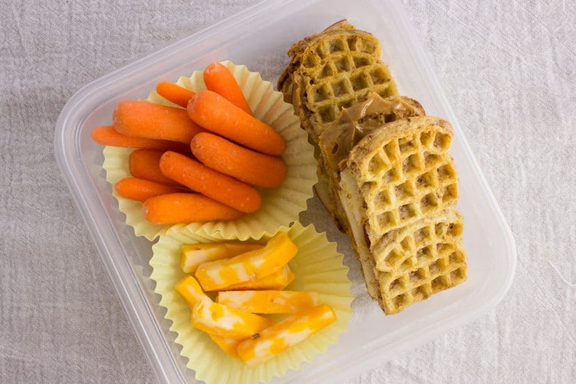 toddler lunch box: waffle peanut butter and apple sandwich
