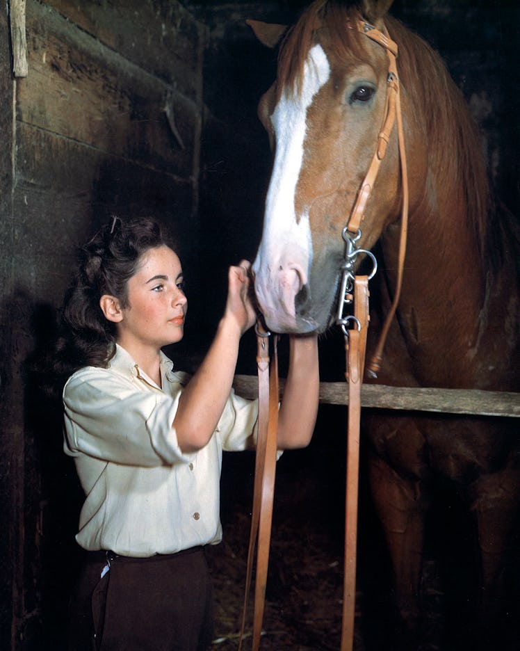 Elizabeth Taylor with a horse in a stable