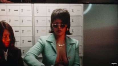 Rihanna's side bangs and flipped-out bob in the "D.M.B." music video by ASAP Rocky.