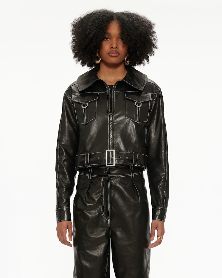Pyer Moss black cropped leather jacket