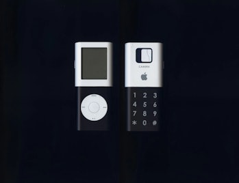 An iPhone prototype with an iPod-like wheel and number keypad and camera on the back