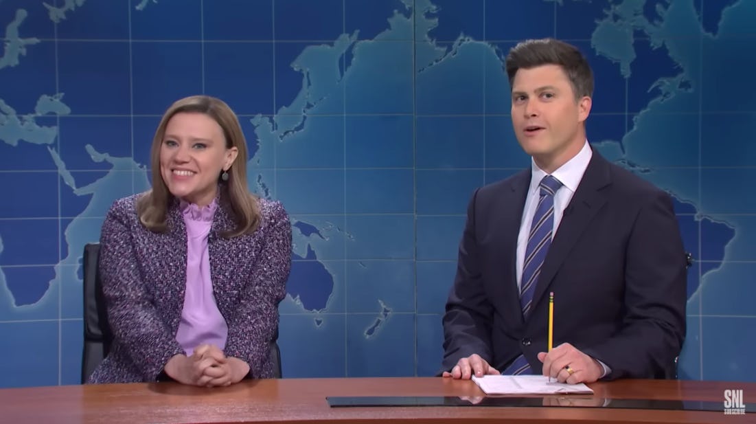 Kate McKinnon as Justice Amy Coney Barrett speaks to Colin Jost on "Weekend Update"
