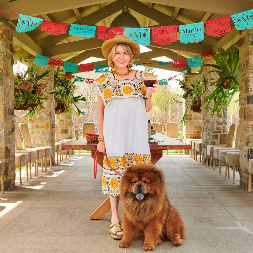 Martha Stewart holding a Martha-rita while at her farm with her dog