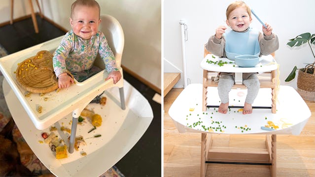 Smiling babies sitting in the Catchy High Chair Food And Mess Catcher Classic and Stokke Tripp Trapp...