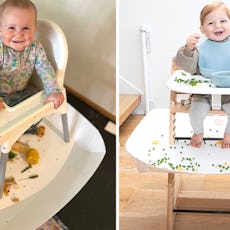 Smiling babies sitting in the Catchy High Chair Food And Mess Catcher Classic and Stokke Tripp Trapp...