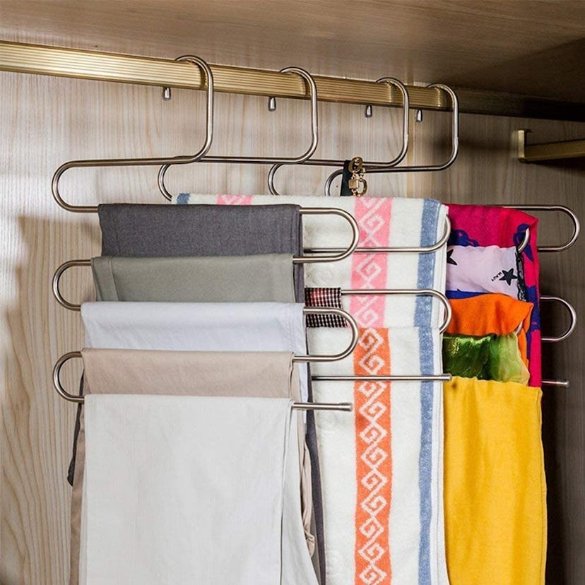 Stainless-steel clothes hangers are sturdy enough for pants and trousers.