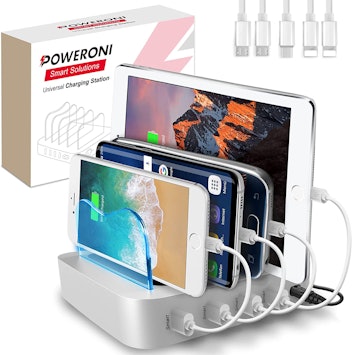 A USB charging stations offers space for multiple devices.