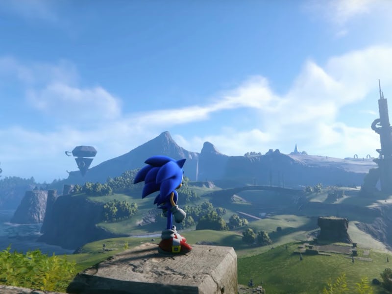 A screenshot from Sonic Fronteris shows the titular character standing on a cliff looking out at a l...
