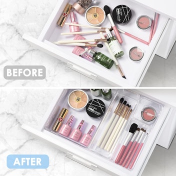 Messy makeup drawers are no match for this 25-piece clear plastic drawer set.