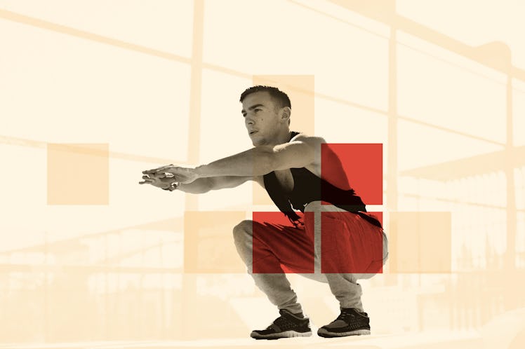 Man doing squat with playground in the background.