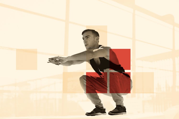 Man doing squat with playground in the background. 