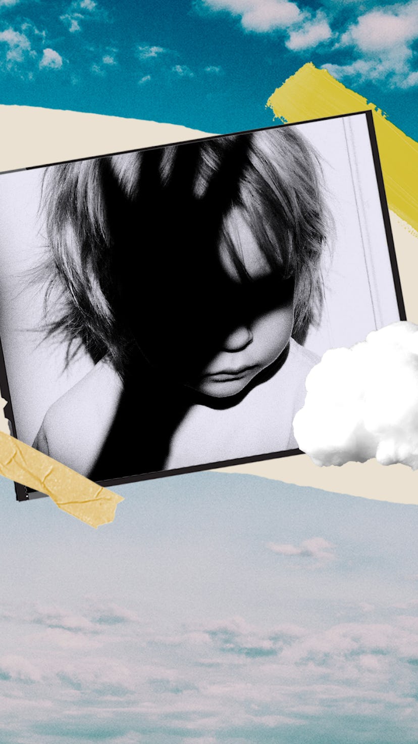 An abstract collage with a child and a shadow of the parents hand representing depression