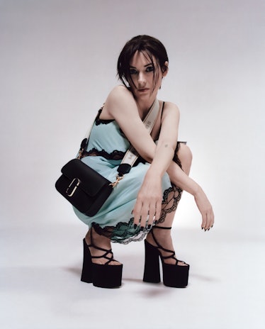 Winona Ryder in a blue slip and black platforms in Marc Jacobs's new campaign