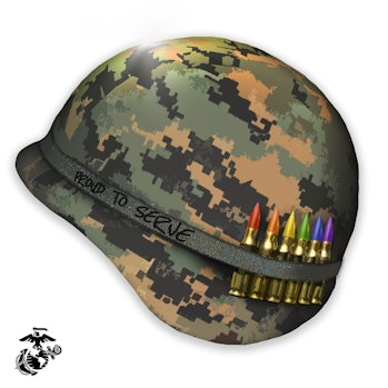 Marines helmet photoshopped to include pride-colored bullets